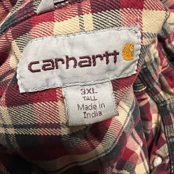 Carhartt Flannel Shirt Mens 3XL Tall Red Plaid Relaxed Fit Collared Button -** - Picture 8 of 9